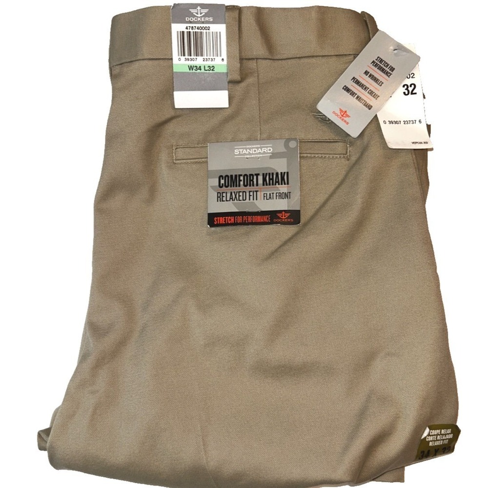 Dockers Comfort Khaki 34x32 Mens Tan Relaxed Fit Flat Front Stretchโ Pants NWT